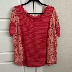 Free People striped oversized t shirt with lace/crochet sides